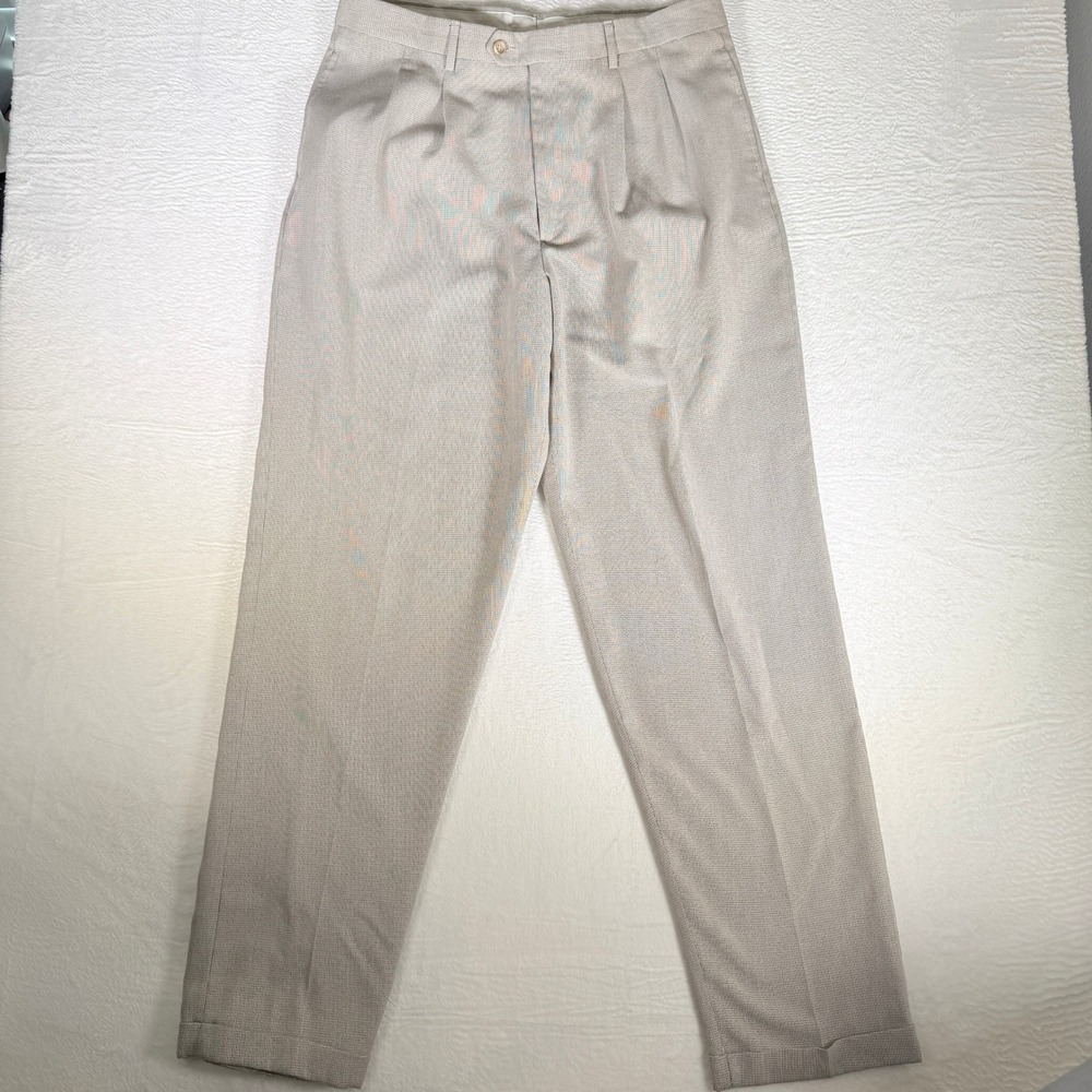 Geoffrey Beene Mens Pleated Cuff Dress Pants Tan Herringbone Classic Fit W36 L34